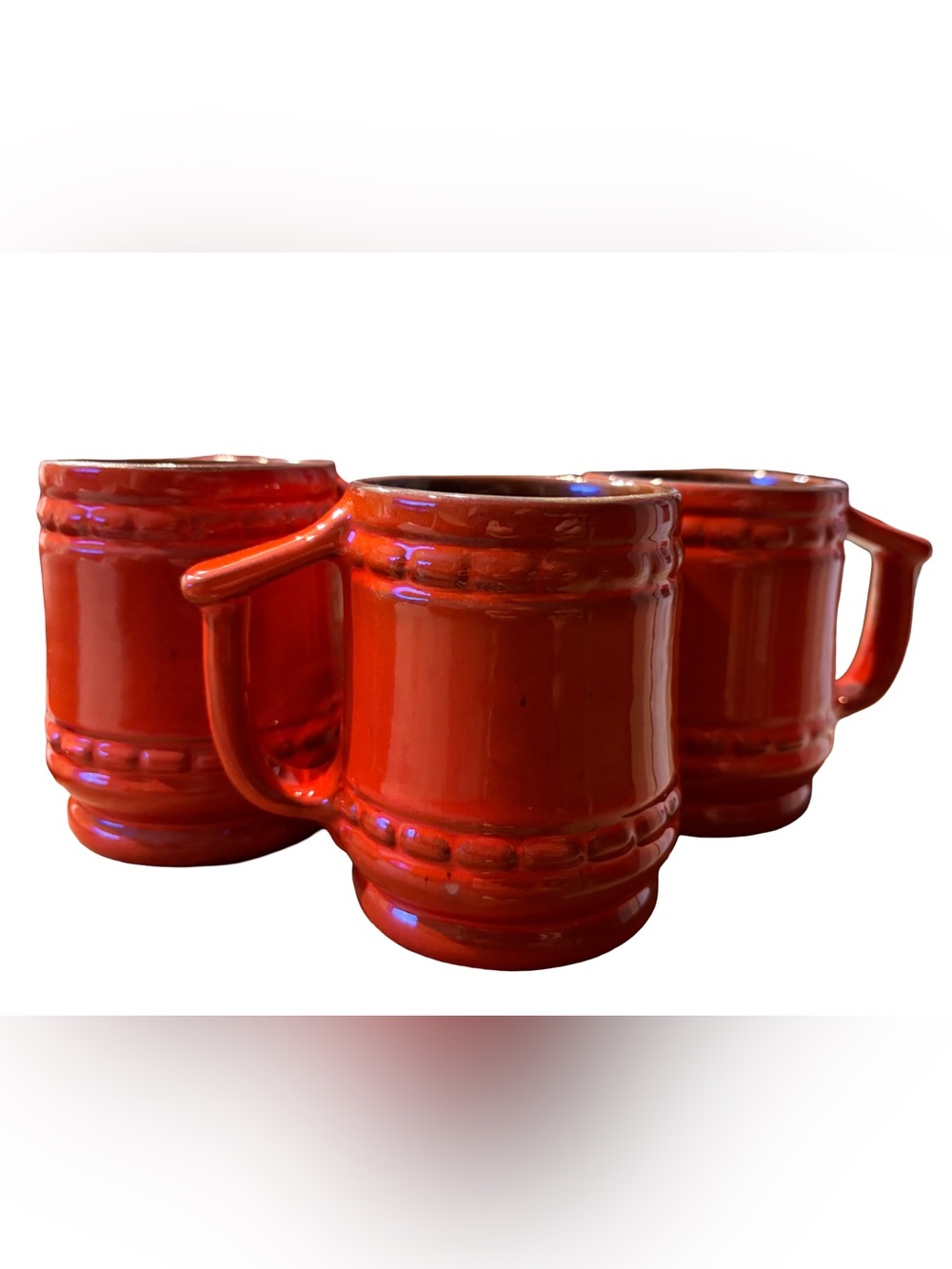 3 Frankoma Glossy Red Ceramic Mug with Beaded Band Detail